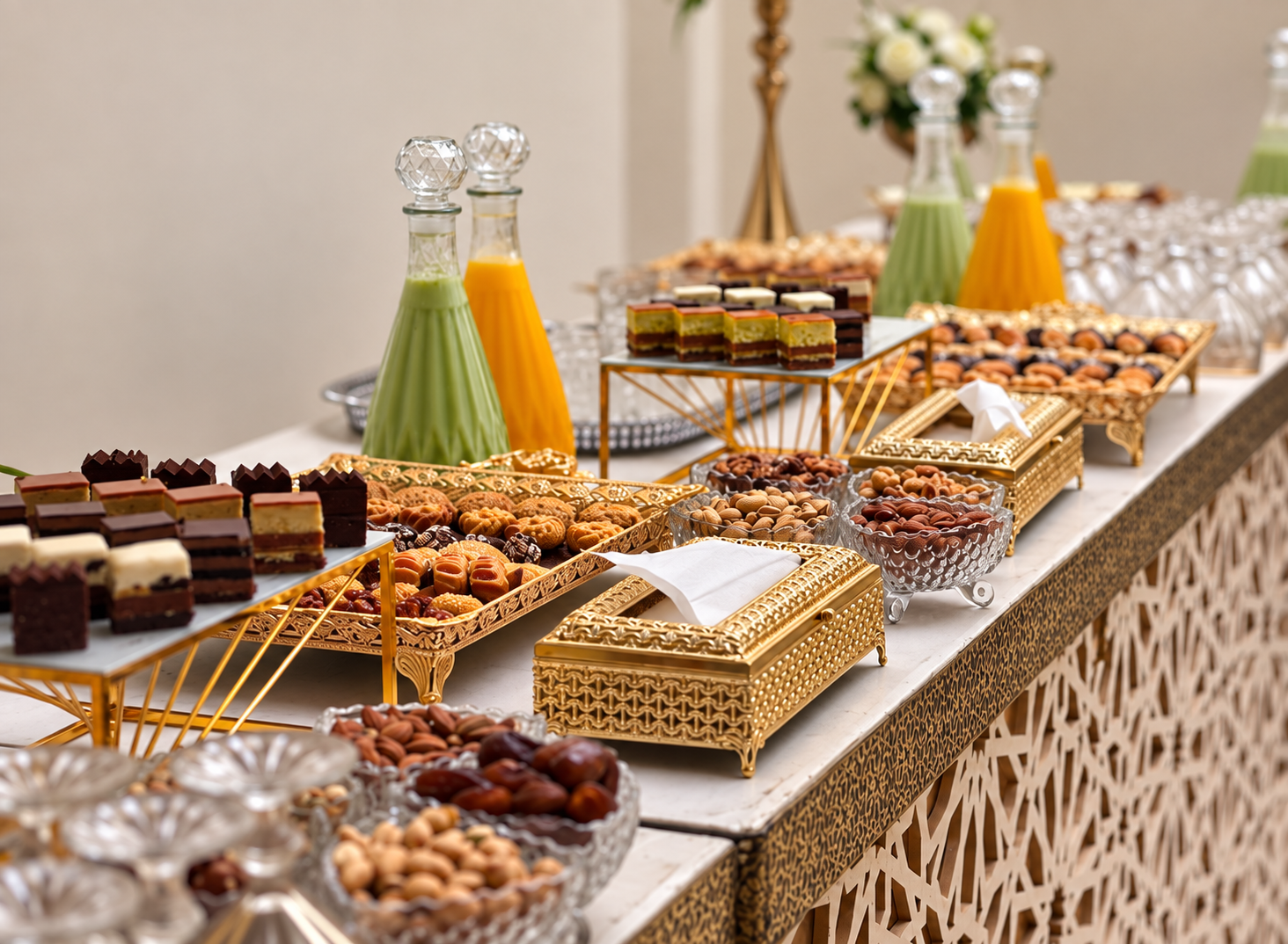Buffet de pause-café raffiné avec pâtisseries et boissons